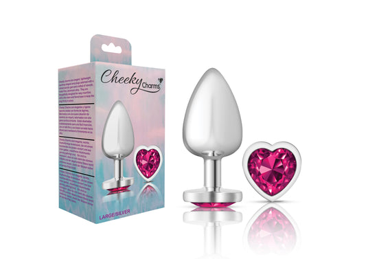 Cheeky Charms-Silver Metal Butt Plug- Heart-Bright Pink-Large